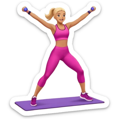 An energetic person performing an aerobics workout in a brightly lit gym, jumping and stretching with enthusiasm. The scene includes vibrant fitness equipment like dumbbells and exercise mats, with a background of cheerful, motivating colors, conveying energy and movement. sticker