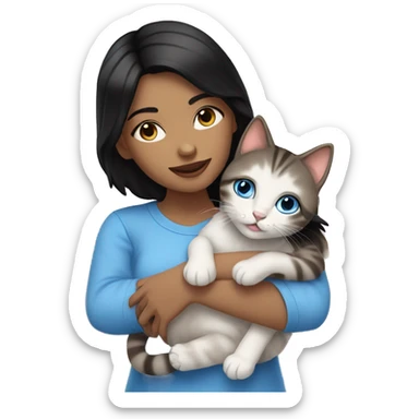 Pale woman with black hair and blue eyes snuggling a tabby kitten sticker