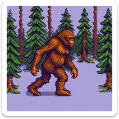 sasquatch striding in profile, pixel art style, 16-bit, forest colors sticker