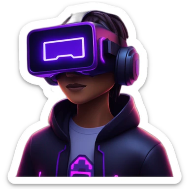 Minecraft hero wearing a black hoodie with "OMG" letters on it and VR headset in a cyberpunk VR environment with violet neon lighting. sticker