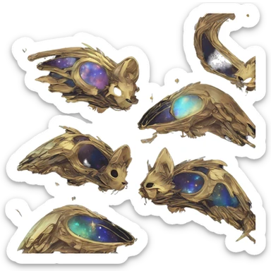 iridescent kintsugi fluffy zombie black brown gold mouse fox head zombie skeleton gold mechanical steampunk raven wings nebula galaxy stars colorful flowers fairy lights vintage zombie sticker