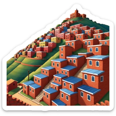 Urban Peruvian hillside neighborhood, brick houses stacked on steep hills, unfinished red brick buildings, colorful painted facades, narrow stairways, electric cables crossing the sky, sunset lighting, realistic style, cinematic, high detail sticker