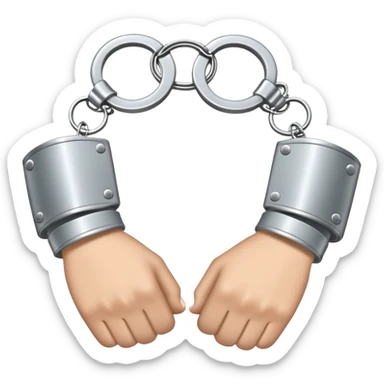 An emoji of two hands cuffed behind the back with metallic handcuffs. The wrists are slightly tilted inward, showing restraint. The handcuffs have a reflective silver surface, symbolizing arrest, punishment, or law enforcement. Simple, cartoon-style design sticker