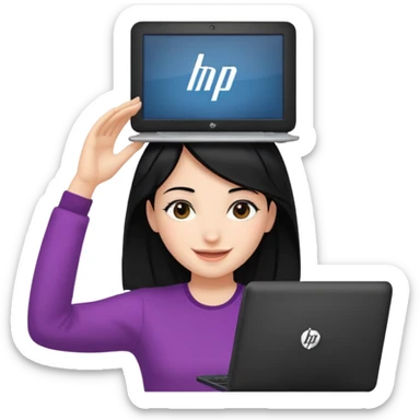 A girl is in front of an HP computer, holding it to her head, and her hair is black. sticker