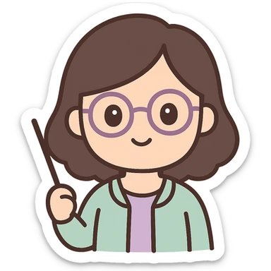 profesora de cabello castaño oscuro hasta los hombros con gafas, fondo claro sticker