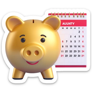 3D gold piggy bank with a calendar page showing a week, representing weekly saving, Microsoft 3D emoji style sticker