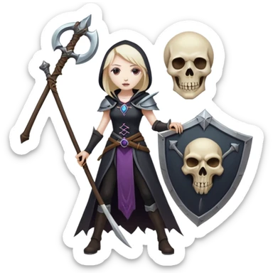 Necromancer girl with scythe and shield, in front of a dead mage sticker