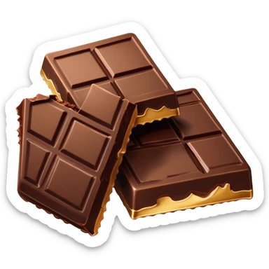 Cinematic silky dark chocolate bar, broken into perfect squares, rich cocoa tones, slightly melting edges, fine texture and decadent shine, warm golden highlights, tempting and rich. sticker