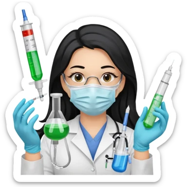 medica con guantes  y mascarilla e insumos laboratorio  jeringa tubos  pelo negro largo triguella sticker