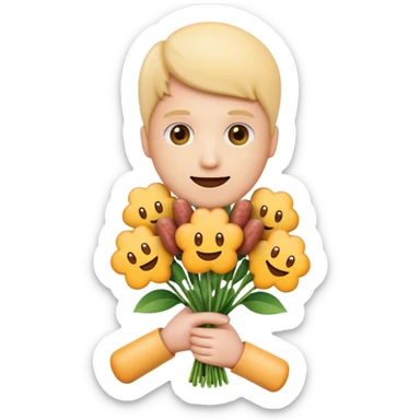 Make emoji flower bouqet from base cheese sausage, holding bouqet white color sticker