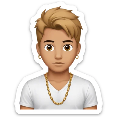 Young Latino male, hair up, wearing a small chain and a white v-neck t-shirt sticker