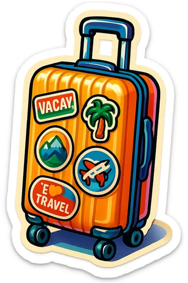 ribbed rolling suitcase with handle, decorated with travel stickers, held in a hand or standing at an angle, retro sticker style with color, bold outlines, graphic shadows and highlights, no smooth color transitions sticker