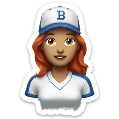 front facing, standing female coach with long red hair, wearing a white t-shirt and a simple blue baseball hat sticker