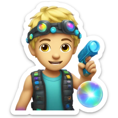 Caucasian boy in glowing rave outfit with headgear, shooting a bubble gun sticker