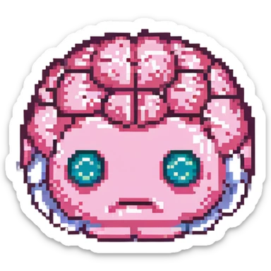 16-bit pixel art of a pink brain-shaped blob with sad droopy eyes and downturned mouth, smooth rounded brain texture, simple retro gaming style sticker