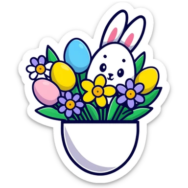 Easter bouquet with spring flowers and Easter egg sticker