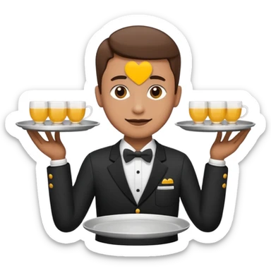 Tepsi ile Garson, emoji style, with clean lines, no face on objects, white background sticker