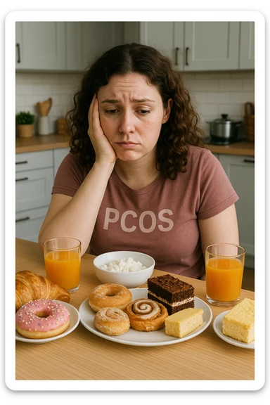 Donna con pcos, con colazione sbilanciata ricca di zuccheri e con poche proteine sticker