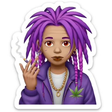 A purple weed smoking emoji with purple dreads, red eyes, hands full of rings, and wearing airforce1 shoes  sticker