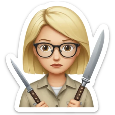 blonde woman with glasses and knives sticker
