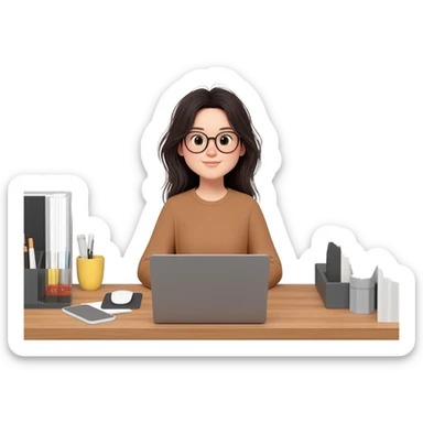 asian girl with messy long  hair and glasses working from home  on PC half body and front view profile sticker