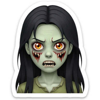 Girl zombie with black long hair with teeth and serious face IOS style sticker