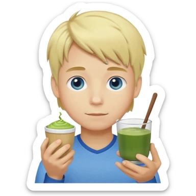 Boy who holds matcha has blue eyes and blonde hair sticker