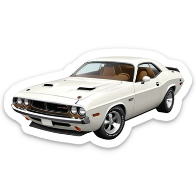 White 1971 Dodge Challenger with distinct muscle car silhouette, accurate 30-degree angle showing detailed front end and profile, maintaining authentic structure, all-white finish, iOS emoji style sticker