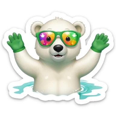 friendly anthropomorphised polar bear wearing oversized colorful star glasses and festive St. Patrick's Day outfit, swimming freestyle with joyful expression sticker