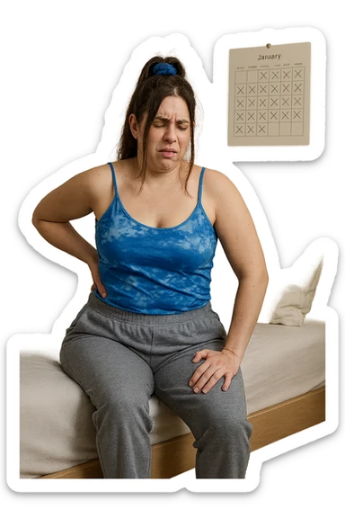 a woman in her 30s sits on the edge of her bed in the morning, holding her lower back with a pained expression. Subtle visual cues, like uneven shoulders or hips, hint at postural asymmetry. The room is softly lit, and a calendar on the wall shows months crossed off, symbolizing chronic pain over the years. sticker