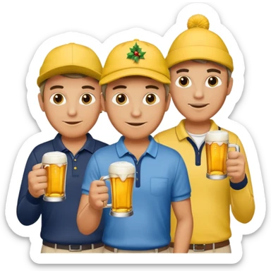 16 men on a golf trip wearing yellow golf caps all holding a beer can with a Xmas style label sticker