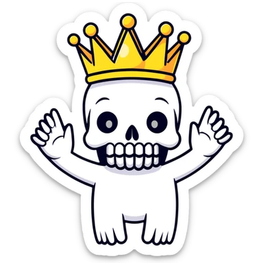shocked skull with crown, hands raised to head in disbelief, black and white sticker