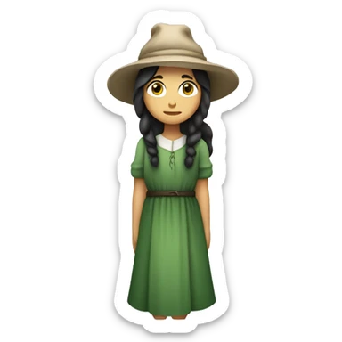 sad shepherdess, white skin, long dark hair, green dress and a hat (whole body emoji) sticker