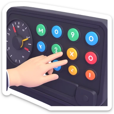3D emoji style hand or robot hand adjusting dials on a dashboard, with icons for sales, learning, and workflow, representing AI-driven personalisation for individual strengths sticker