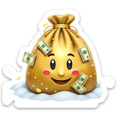 3D emoji style, money bag with dollar bills, New Year theme, snow particles, festive lighting, rich vibe, high detail, transparent background

 sticker