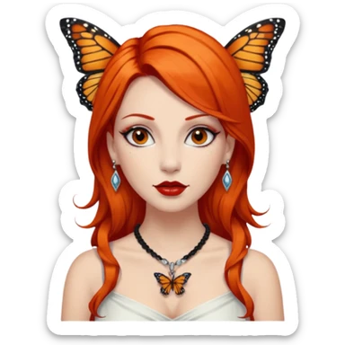 A white siren with dark orange hair, red lips, dark black eyes, nice eyelashes, bunch of ear piercings, a necklace and only one Monarch butterfly on her shoulder sticker