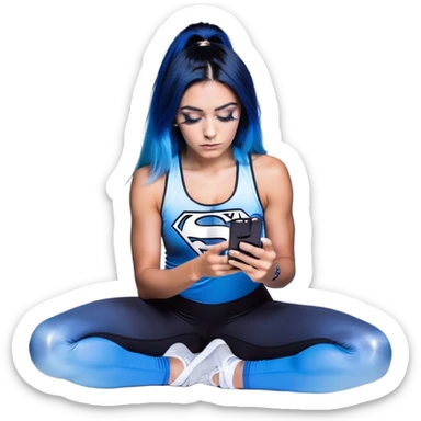 Shameful-big tears-head back texting on phone-very very large upper body-sexy face-bending forward at waist-very long very straight dark blue to light blue ombre hair-and-blue eyes-thick black eyeliner-thick long eyelashes-iridescent blue lowcut tanktop with black leggings with glitter superman logo sticker