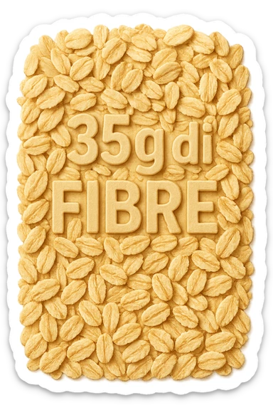 FIOCCHI DI AVENA VISTI DALL'ALTO E LA SCRITTA "35g di FIBRE" IN RILIEVO, IPERREALISTICO 4K sticker