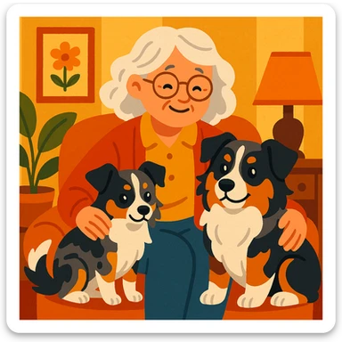 gentle grey-haired woman with two mini Australian shepherds, a petite dainty girl dog and a sturdier boyish male, all together in a cozy, warm scene sticker