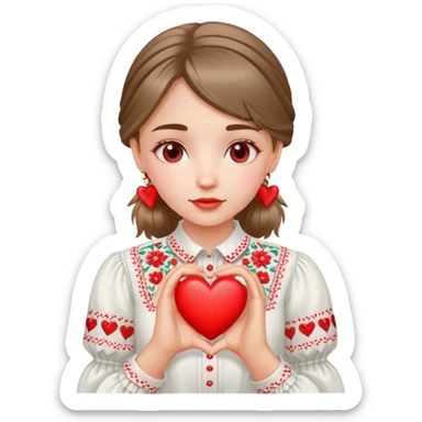 Ukrainian girl in a white embroidered shirt holds a heart in her hand sticker