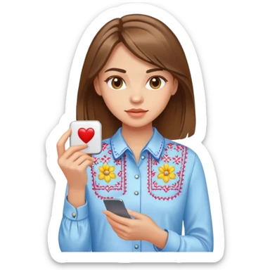 A Ukrainian girl with brown hair in an embroidered shirt holds a magnet sticker