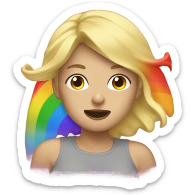 Blonde woman throwing up rainbow sticker