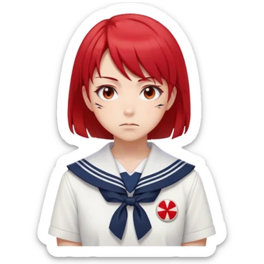 Serious anime girl with short bright red hair wearing Japanese sailor style school uniform, intense gaze and slight frown, disciplined posture sticker