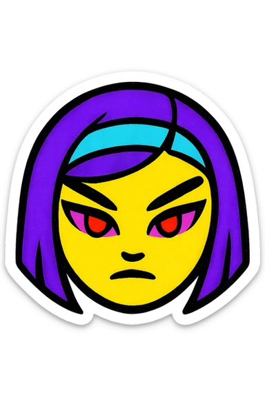 fierce K-pop warrior girl emoji face with sleek violet hair in a sharp bob, glowing red almond-shaped eyes, bold eyeliner, calm but intense expression, modern pop-art style sticker