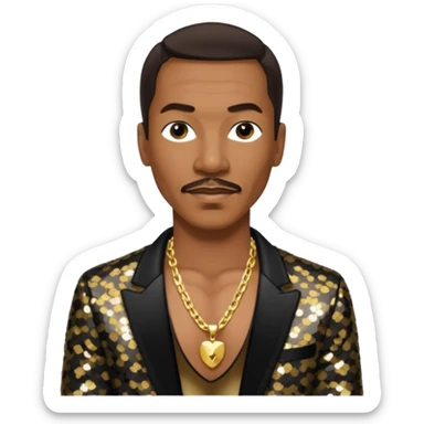 Eddie Murphy with dark brown hair, black sequin jacket, shirtless with necklace sticker