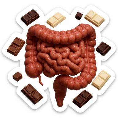 pezzetti di cioccolato fondenti, al latte e bianchi fluttuano intorno ad un intestino umano anatomico realistico, IPERREALISTICO 4K sticker