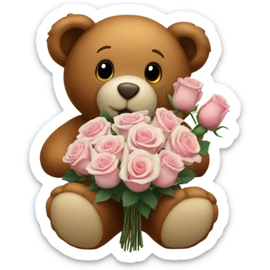 a white bouquet of white and pink roses and a brown teddy bear  sticker