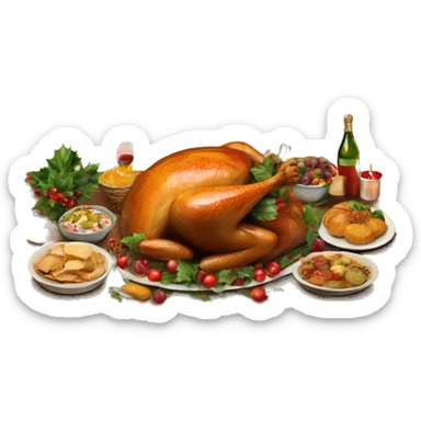 vintage wooden table with christmas feast of turkey and foods sticker