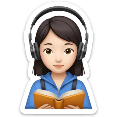Asian girl with headphones reading book  sticker