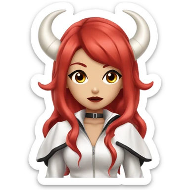 demon hime gyaru girl, black eyes, red hair, demon horns, leather coat sticker